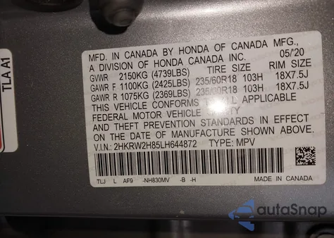 2020 Honda Cr-V Awd Ex-L z USA, uszkodzony, nr VIN 2HKRW2H85LH644872